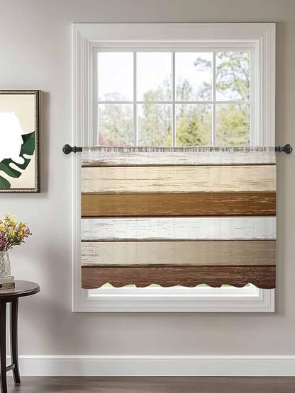 Sheer Curtains 45 Inch Length, Vintage Geometric Brown Semi Sheer Curtains Light Filtering Window Treatment, Farmhouse Country Chic Wood Grain Privacy Voile Drapes for Living Room Bedroom 52x45 Inch
