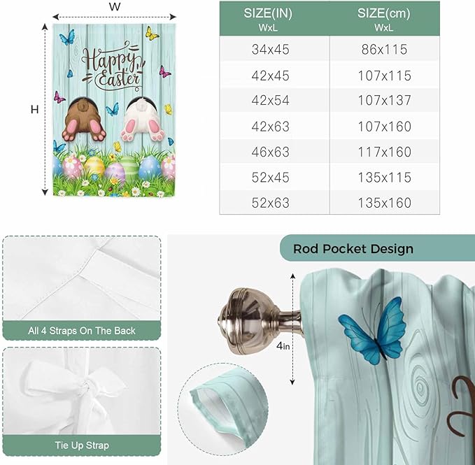 Tie Up Curtains,Happy Easter Bunny Butt Egg Floral Adjustable Rod Pocket Window Shade Curtain Drape Spring Plant on Aqua Wood Tie-Up Valance for Kitchen Bedroom Living Room Windows,52"x63"