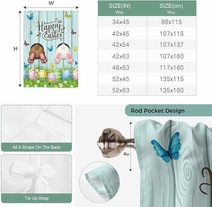 Tie Up Curtains,Happy Easter Bunny Butt Egg Floral Adjustable Rod Pocket Window Shade Curtain Drape Spring Plant on Aqua Wood Tie-Up Valance for Kitchen Bedroom Living Room Windows,52"x63"