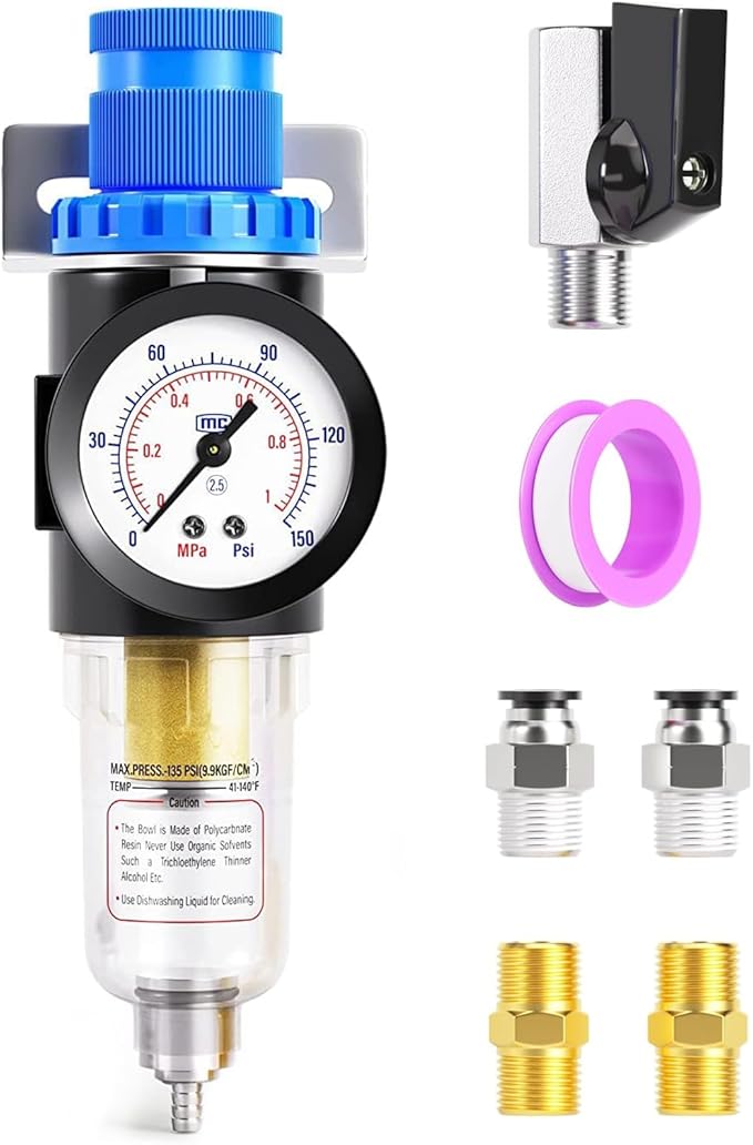 TAILONZ PNEUMATIC 1/4 Inch NPT AFR2000 Air Filter Pressure Regulator Kit（0 to 145 Psi）5 Micron Brass Element Air Tool Compressor Filter with Gauge