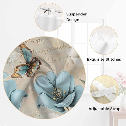 Spring Flowers Living Room Curtains 84 Inch Length, Window Curtains Tab Top, Vintage Rustic Tulips Floral Butterfly Khaki Light Filtering Window Treatments Drapes 42"x84" 2 Panel