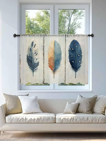 Sheer Curtains 54 Inch Length, Blue Brown Feathers Semi Sheer Curtains Light Filtering Window Treatment, Boho Ombre Vintage Wooden Grain Privacy Voile Drapes for Living Room Bedroom 52x54 Inch