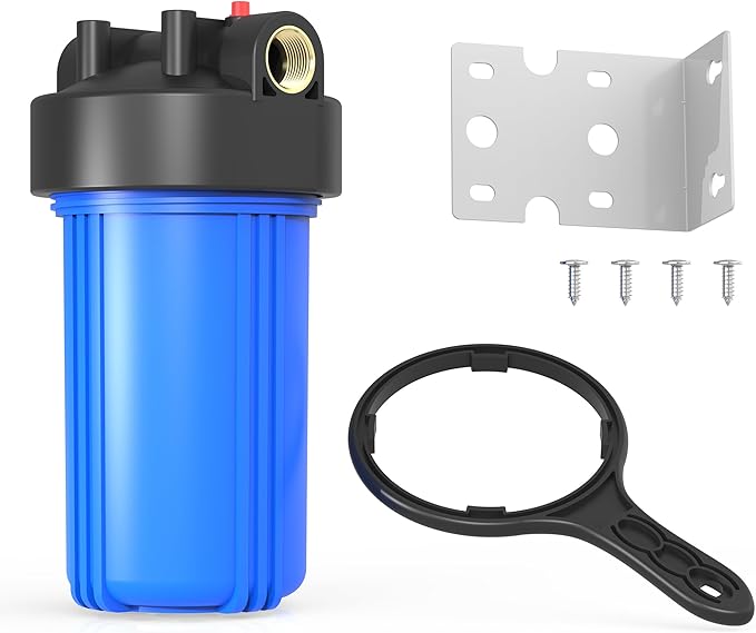 WHB10 Whole House Water Filter Housing, Fit 10"x4.5" Sediment etc Filters for Well and City Water, Big Filter Blue Pre-Filtration System for Home, 1" NPT Port, Pressure Release