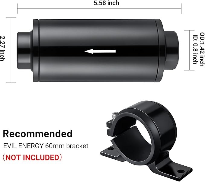 EVIL ENERGY Inline Fuel Filter 30 Micron with Barb 1/2", 3/8", 5/16" Fitting Adapter 60MM Universal Aluminum Black, for Gasoline, Diesel, Rubber Fuel Line, Car EFI & Carb Fuel Systems