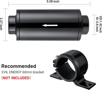EVIL ENERGY Inline Fuel Filter 30 Micron with Barb 1/2", 3/8", 5/16" Fitting Adapter 60MM Universal Aluminum Black, for Gasoline, Diesel, Rubber Fuel Line, Car EFI & Carb Fuel Systems