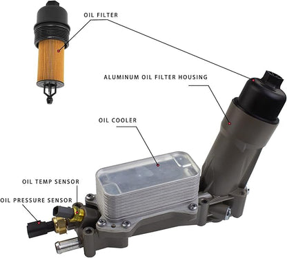 926-959 Aluminum Engine Oil Filter Housing Oil Cooler Kit with Gaskets & Sensors Compatible with 2011-2016 Chrysler Charger Challenger Journey Wrangler Ram Promaster 3.6L (grey)