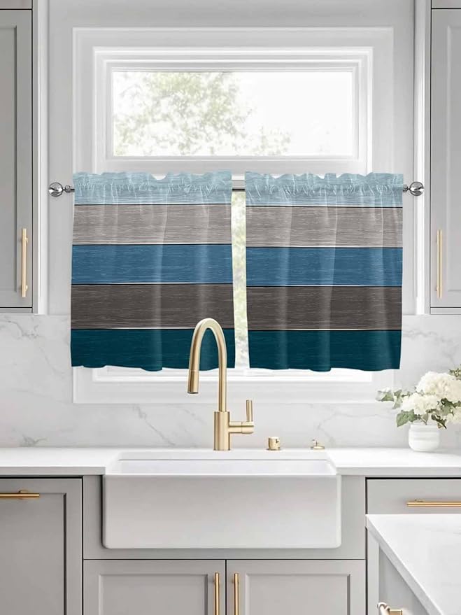 Retro Farm Blue Gray Wood Grain Window Valance Curtains, Rustic Wooden Plank Light Filtering Kitchen Valance with 3-inch Rod Pocket for Living Room Bathroom Bedroom,2 Panel,27.5x24In