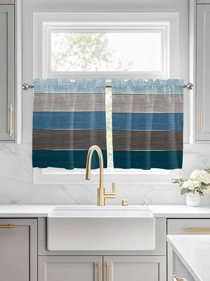 Retro Farm Blue Gray Wood Grain Window Valance Curtains, Rustic Wooden Plank Light Filtering Kitchen Valance with 3-inch Rod Pocket for Living Room Bathroom Bedroom,2 Panel,27.5x24In