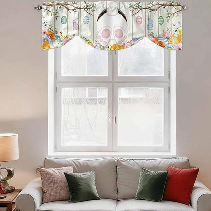 Easter Tie Up Valance Curtains for Windows, Kitchen Curtains Window Shades, Spring Farmhouse Watercolor Bunny Eggs Wood Grain Light Filtering Roman Curtain Valances for Bedroom/Bathroom/Cafe 54"x18"