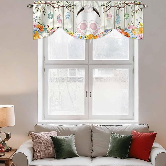Easter Tie Up Valance Curtains for Windows, Kitchen Curtains Window Shades, Spring Farmhouse Watercolor Bunny Eggs Wood Grain Light Filtering Roman Curtain Valances for Bedroom/Bathroom/Cafe 42"x18"