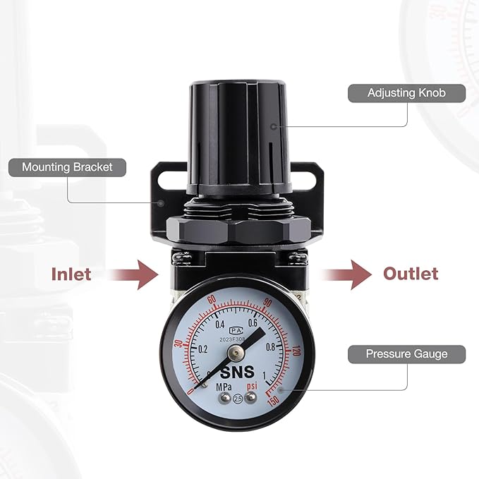 SNS Air Compressor Pressure Regulator With Bracket and Gauge Female Thread 1/4 NPT 0-150 PSI Adjustable AR2000-N02