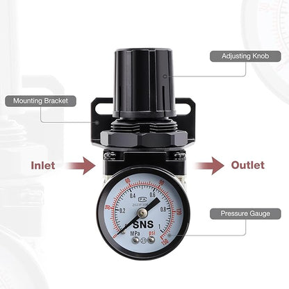 SNS Air Compressor Pressure Regulator With Bracket and Gauge Female Thread 1/4 NPT 0-150 PSI Adjustable AR2000-N02