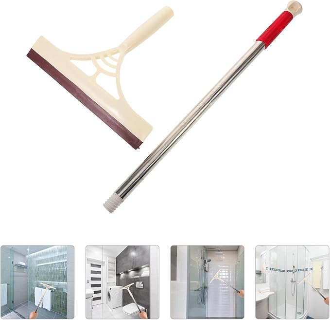 Multifunctional Glass Door Squeegee with Long Handle, Dry and Wet Use Floor and Mirror Cleaner for Bathroom Shower Windows, Khaki Household Water Scraper