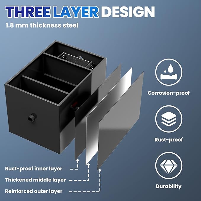 11.3 GPM Under Sink Grease Trap with Filter Baskets, 30 LBS Commercial Grease Trap, 23.6x15.7x18 in, 3-Layer Steel Grease Interceptor for Kitchen, Restaurant, Food Processing