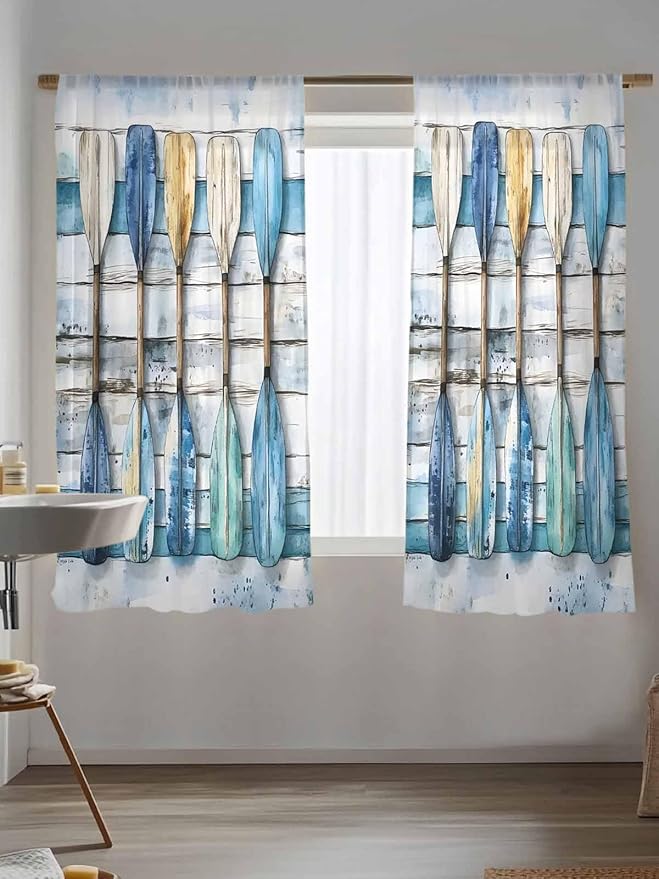 Sheer Curtains 72 Inches Long, Lake Paddle Striped Semi Sheer Curtains Light Filtering Window Treatment, Watercolor Vintage Wood Grain Privacy Voile Drapes for Living Room Bedroom 52x72 Inch