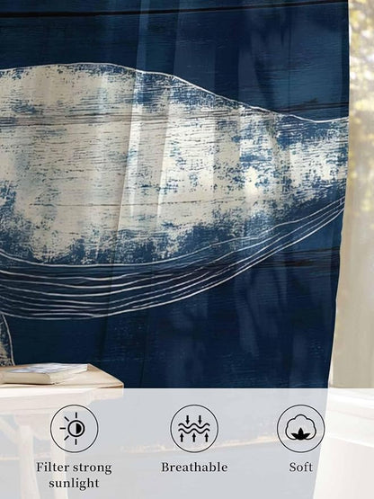 Sheer Curtains 108 Inches Long, Summer Whale Semi Sheer Curtains Light Filtering Window Treatment, Ocean Watercolor Wooden Grain Blue Privacy Voile Drapes for Living Room Bedroom 52x108 Inch