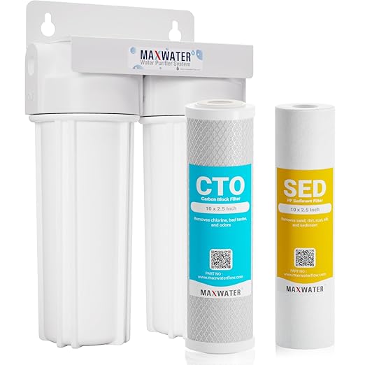 Max Water 2 Stage (Sediment, Odor & Improving Taste) Whole House 10 inch, Standard Water Filtration System - White Housing - Sediment + CTO - ¾ Inlet/Outlet