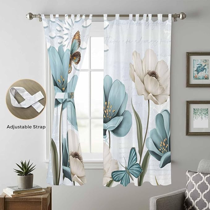 Blue Tulips Living Room Curtains 96 Inch Length, Window Curtains Tab Top, Watercolor Flowers Butterfly Spring Farmhouse Blue Light Filtering Window Treatments Drapes 52"x96" 2 Panel