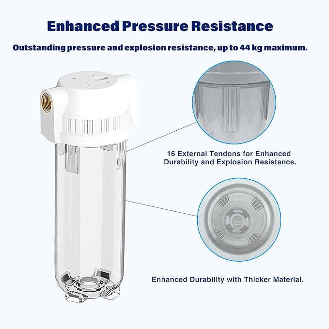Whole House/RV Water Filter Housing Clear, 10" X 2.5" Inline Sediment Water Filter for RV, Home, Garden, Aquarium, 3/4" NPT Brass Port, R-Type O-Ring, Heavy Duty Bracket, with PP Filter - 1025CBP