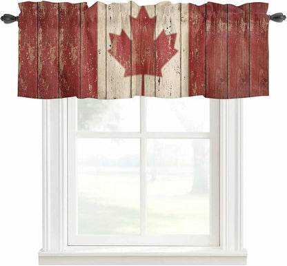Canada Curtain Valances for Windows, Kitchen Valance Window Treatment, Red Maple Leaf Flag Vintage Farmhouse Wooden Grain Light Filtering Block Curtains for Bathroom/Bedroom/Living Room 42'' x 18''