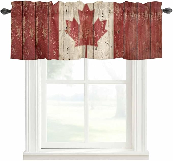 Canada Curtain Valances for Windows, Kitchen Valance Window Treatment, Red Maple Leaf Flag Vintage Farmhouse Wooden Grain Light Filtering Block Curtains for Bathroom/Bedroom/Living Room 42'' x 12''