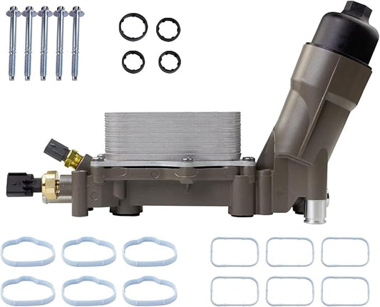926-959 Aluminum Engine Oil Filter Housing Oil Cooler Kit with Gaskets & Sensors Compatible with 2011-2016 Chrysler Charger Challenger Journey Wrangler Ram Promaster 3.6L (grey)