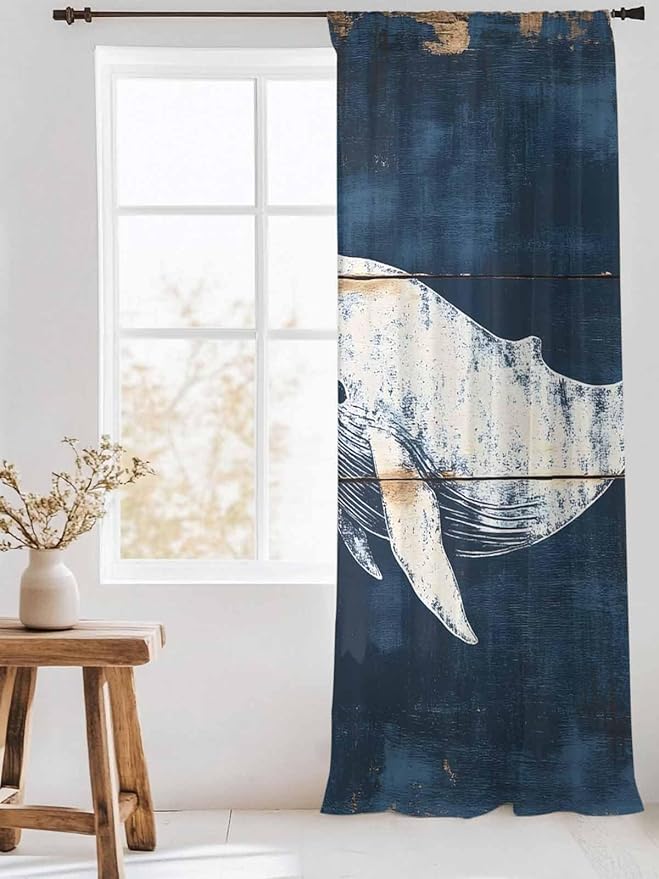 Sheer Curtains 84 Inches Long, Ocean Whale Blue Semi Sheer Curtains Light Filtering Window Treatment, Coastal Vintage Wooden Grain Privacy Voile Drapes for Living Room Bedroom 52x84 Inch