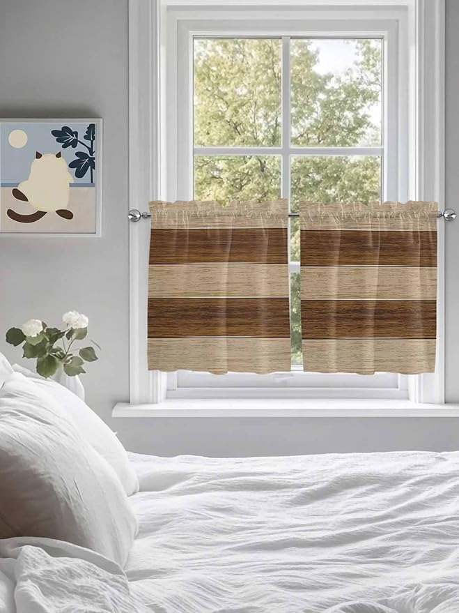 Retro Country Brown Wooden Board Window Valance Curtains, Farmhouse Gradient Plank Light Filtering Kitchen Valance with 3-inch Rod Pocket for Living Room Bathroom Bedroom,2 Panel,27.5x24In