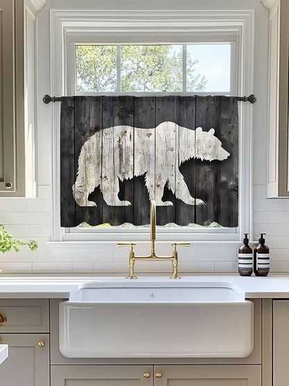 Sheer Curtains 45 Inch Length, White Brown Bear Semi Sheer Curtains Light Filtering Window Treatment, Farmhouse Country Rustic Wooden Grain Privacy Voile Drapes for Living Room Bedroom 52x45 Inch