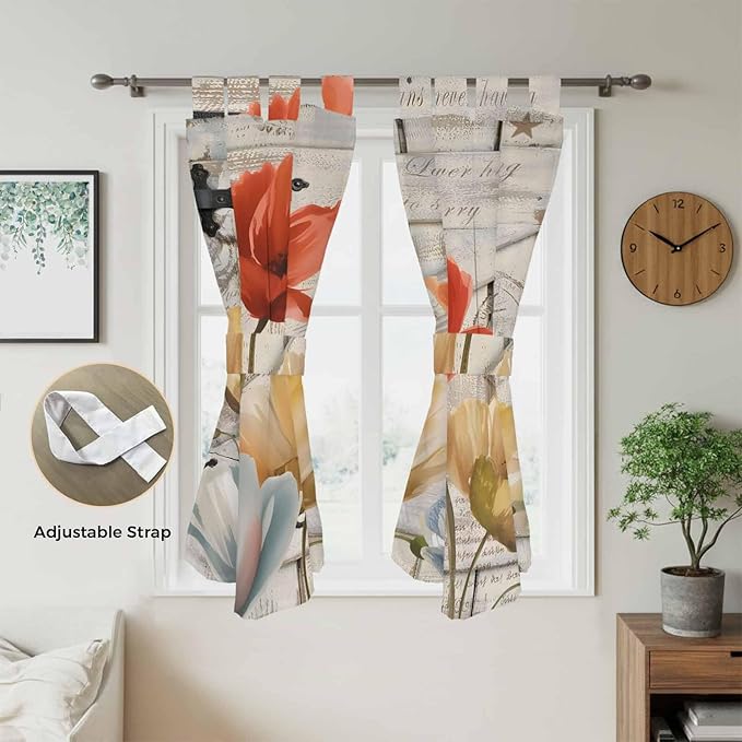 Retro Floral Living Room Curtains 84 Inch Length, Window Curtains Tab Top, Red Yellow Tulips Barm Doors Farmhouse Wooden Light Filtering Window Treatments Drapes 42"x84" 2 Panel