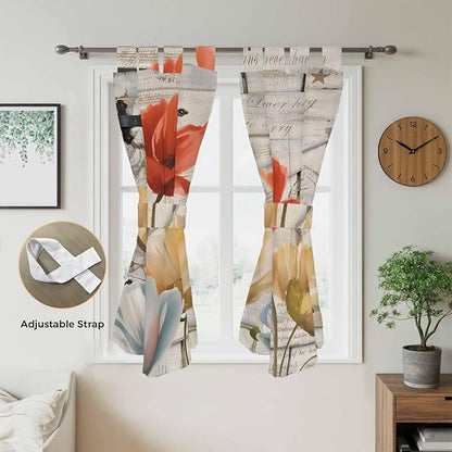Retro Floral Living Room Curtains 84 Inch Length, Window Curtains Tab Top, Red Yellow Tulips Barm Doors Farmhouse Wooden Light Filtering Window Treatments Drapes 42"x84" 2 Panel