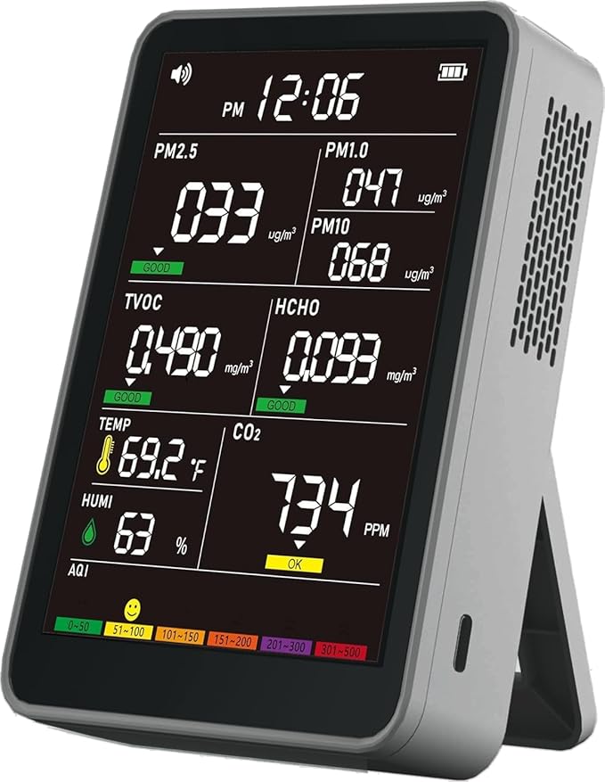 Professional Indoor Air Quality Monitor with AQI, Portable Real-Time Detector for Home Cars Plants and Pets (Gray)