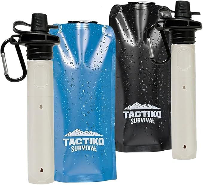 2-Pack Tactiko Survival 20oz/600ml Filtered Water Bottle Kit - Purify 265 Gal. Water from Rivers, Lakes & Streams - SGS Certified - UF Membrane, Activated Carbon - Camping, Emergency (Blk/Blue)