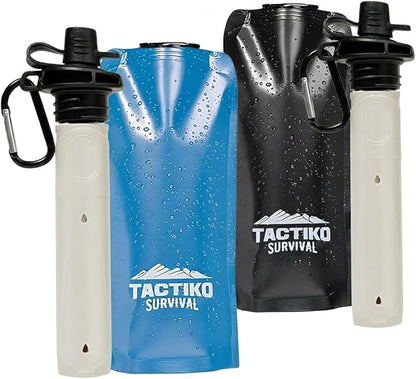 2-Pack Tactiko Survival 20oz/600ml Filtered Water Bottle Kit - Purify 265 Gal. Water from Rivers, Lakes & Streams - SGS Certified - UF Membrane, Activated Carbon - Camping, Emergency (Blk/Blue)