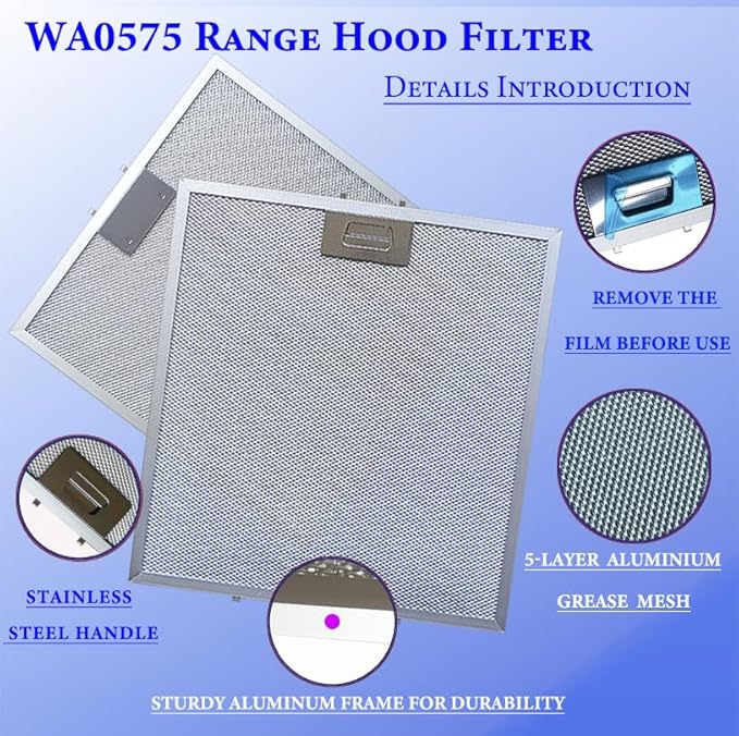 2-Pack Upgraded WA0575 Range Hood Filters Replacement With Stainless Latch 5-Layer Aluminum Mesh Fit for Vissani 30-inch Pyramid or WA0575 Wall Mount Range Hood Grease Filter by Size 14 3/8"x13 1/2"