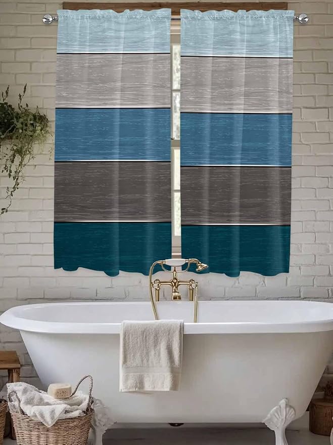 Retro Farm Blue Gray Wood Grain Window Valance Curtains, Rustic Wooden Plank Light Filtering Kitchen Valance with 3-inch Rod Pocket for Living Room Bathroom Bedroom,2 Panel,52x72In