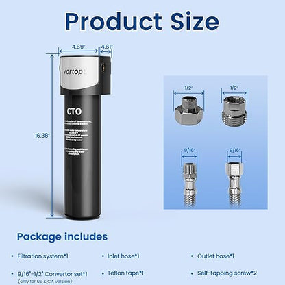 Vortopt Under Sink Water Filter System,NSF/ANSI 42 Certified Water Purifier,28000 Galloons Large Flow Flux,Reduces PFOA/PFOS,Chlorine,Bad Odors,Direct Connect to Kitchen Faucet (Black-Q5-C2-28000GAL)