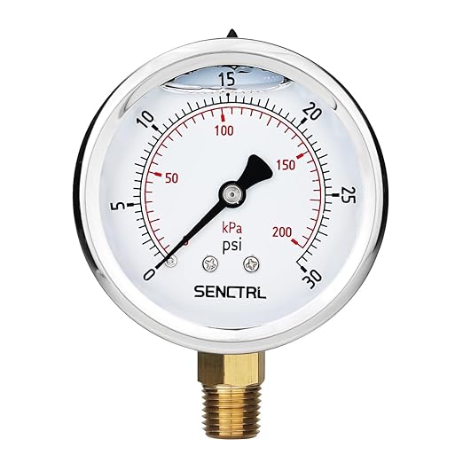 SENCTRL 0-30 PSI Glycerin Liquid Filled Low Pressure Gauge, 2.5" Dial Size, 1/4 NPT, Stainless Steel Case, Lower Mount, for Water Oil Air Pressure Test