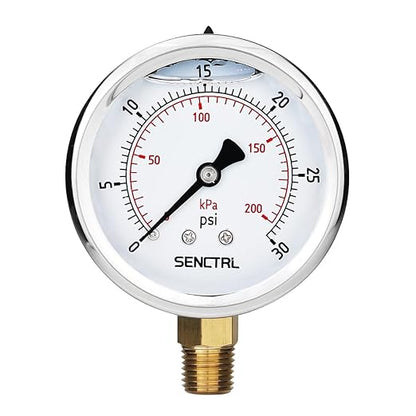 SENCTRL 0-30 PSI Glycerin Liquid Filled Low Pressure Gauge, 2.5" Dial Size, 1/4 NPT, Stainless Steel Case, Lower Mount, for Water Oil Air Pressure Test