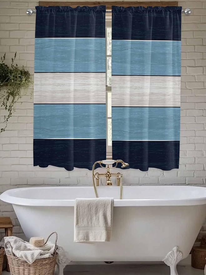 Vintage Country Woodcuts Window Valance Curtains, Blue Gradient Striped Light Filtering Kitchen Valance with 3-inch Rod Pocket for Living Room Bathroom Bedroom,2 Panel,42x63In