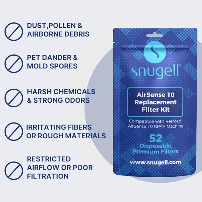 Snugell Disposable CPAP Filters -Compatible with ResMed AirSense 10, AirCurve 10 & S9 Series - Ideal for Home and Travel Use –Easy to Install for Superior Air Filtration & Cleaner Breathing (52- pack)