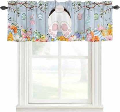 Easter Curtain Valances for Windows, Kitchen Valance Window Treatment, Spring Watercolor Bunny Eggs Flower Wood Grain Blue Light Filtering Block Curtains for Bathroom/Bedroom/Living Room 42'' x 18''