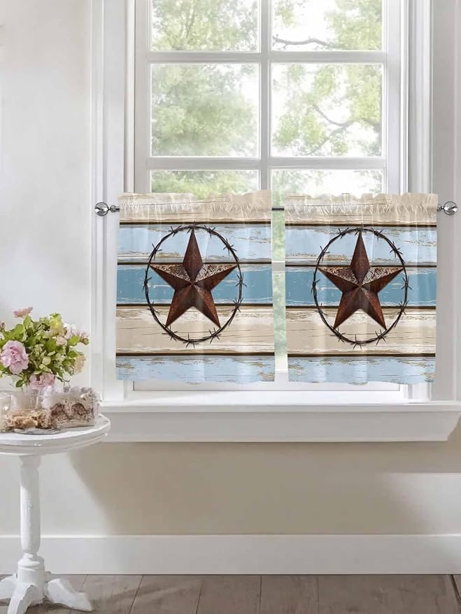 Vintage Western Star on Wood Grain Window Valance Curtains, Retro Wooden Texture Light Filtering Kitchen Valance with 3-inch Rod Pocket for Living Room Bathroom Bedroom,2 Panel,27.5x24In