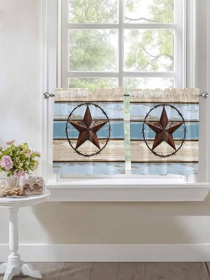 Vintage Western Star on Wood Grain Window Valance Curtains, Retro Wooden Texture Light Filtering Kitchen Valance with 3-inch Rod Pocket for Living Room Bathroom Bedroom,2 Panel,27.5x24In