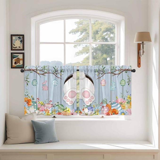 Easter Kitchen Tier Curtains 24 Inch Long 2 Panel Set,Rod Pocket Cafe Small Window Curtains Over Sink,Spring Watercolor Bunny Eggs Flower Wood Grain Blue Light Filtering Short Drapes 27.5"W x 24"L