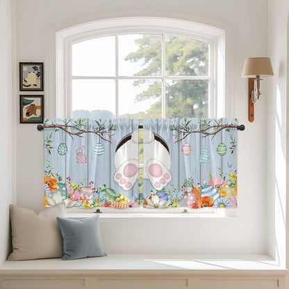Easter Kitchen Tier Curtains 24 Inch Long 2 Panel Set,Rod Pocket Cafe Small Window Curtains Over Sink,Spring Watercolor Bunny Eggs Flower Wood Grain Blue Light Filtering Short Drapes 27.5"W x 24"L