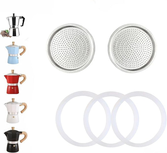 2 Pcs Filter with 3 Pcs Silicone Gasket Seals for 2 Cup Stovetop Espresso Coffee Maker Replacement Parts for DITOSH Aluminium Moka Pot