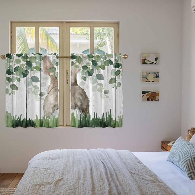 Easter Kitchen Curtains, Country Rabbit Botanical Leaves Wooden Grain Light Filtering Window Curtain Panels, 2Pcs Rod Pocket Window Treatments Set for RV Dining Room Study Room 42x54 Inches