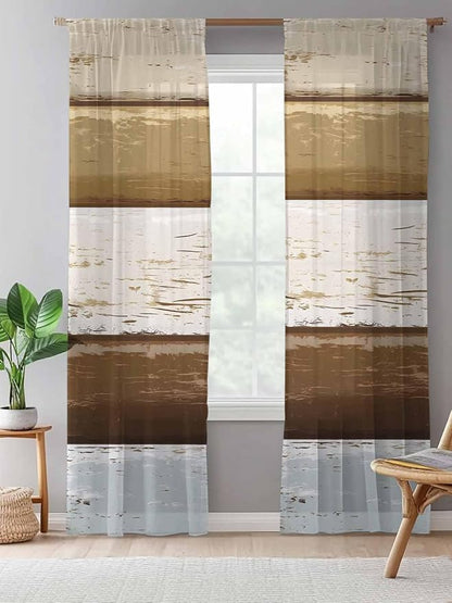 Sheer Curtains 84 Inches Long, Wood Grain Brown Semi Sheer Curtains Light Filtering Window Treatment, Farmhouse Vintage Country Geometric Privacy Voile Drapes for Living Room Bedroom 52x84 Inch