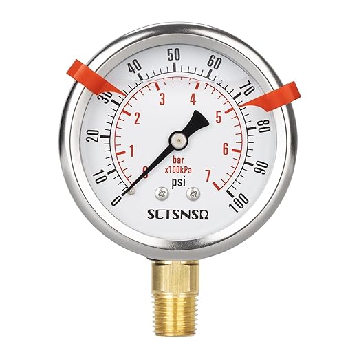 0 to 100 Psi Pressure Gauge, Glycerin Liquid Filled, 2.5 inch Dial, 1/4" NPT Lower Mount, Stainless Steel Case, for Water Pump, Pneumatic Air, Well Tank, RV Hose, Gas, Low Pressure Test